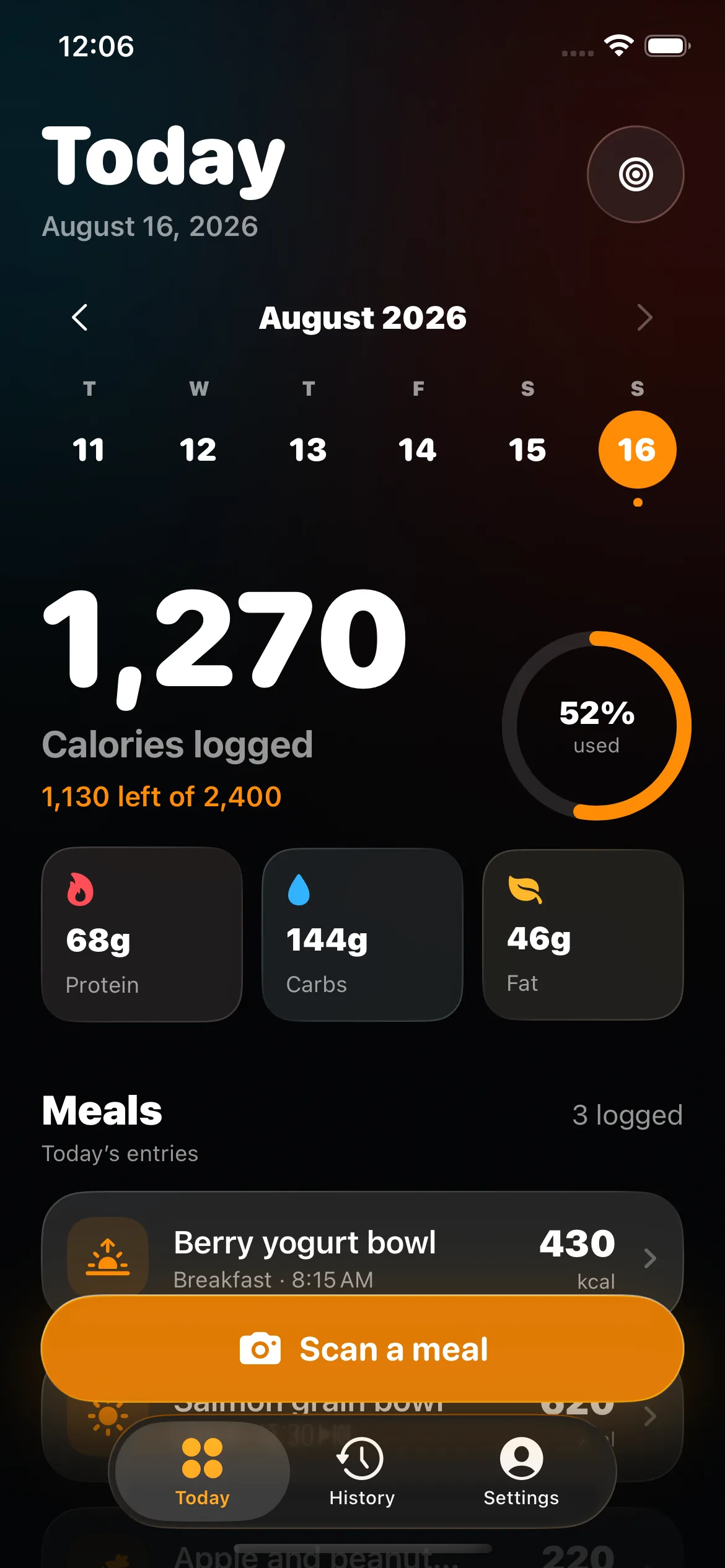 BiteHalo dashboard showing editable meal logs, daily calories, and macro totals