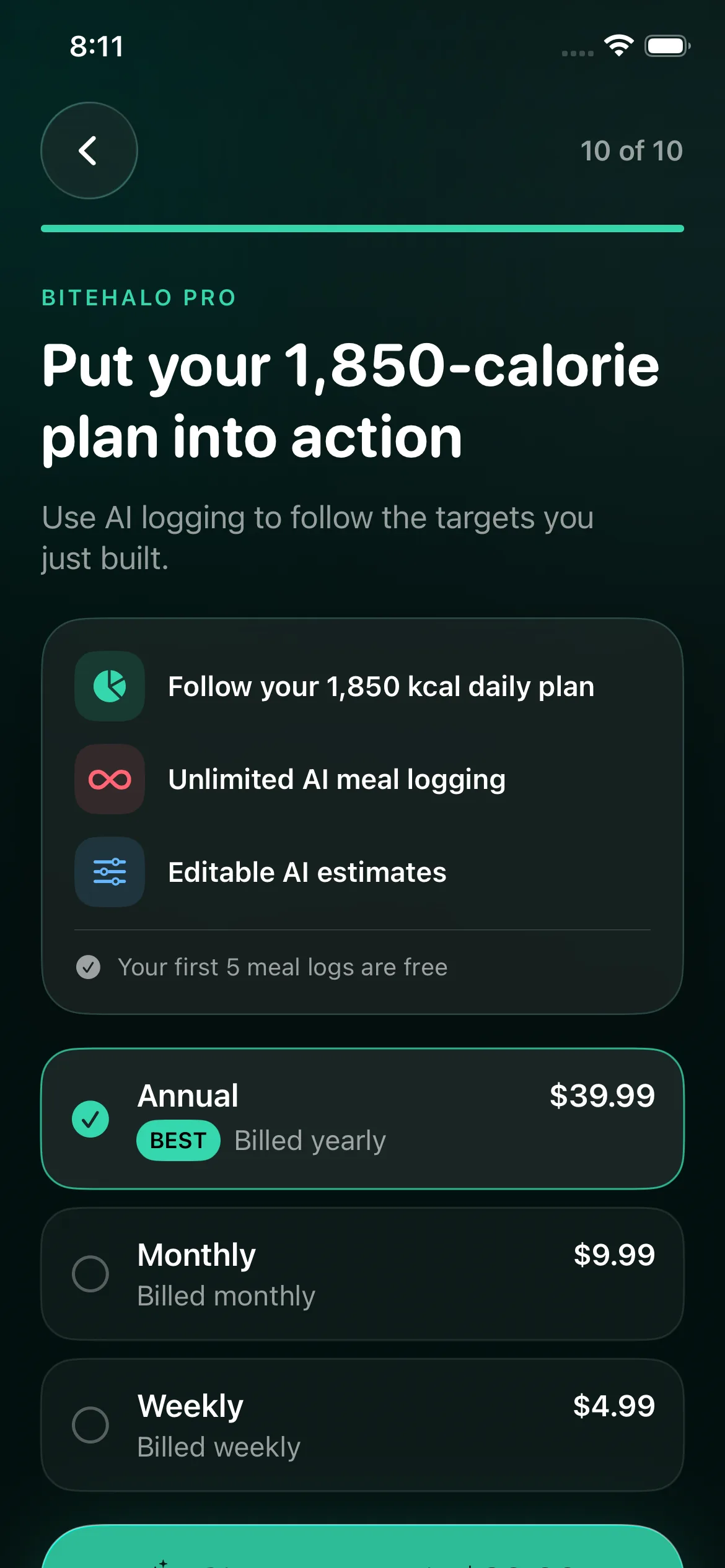 BiteHalo Pro screen showing unlimited AI meal logging and editable estimates